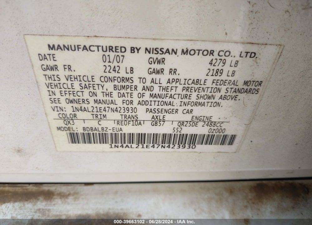 2007 NISSAN ALTIMA 2.5 S VIN: 1N4AL21E47N423930