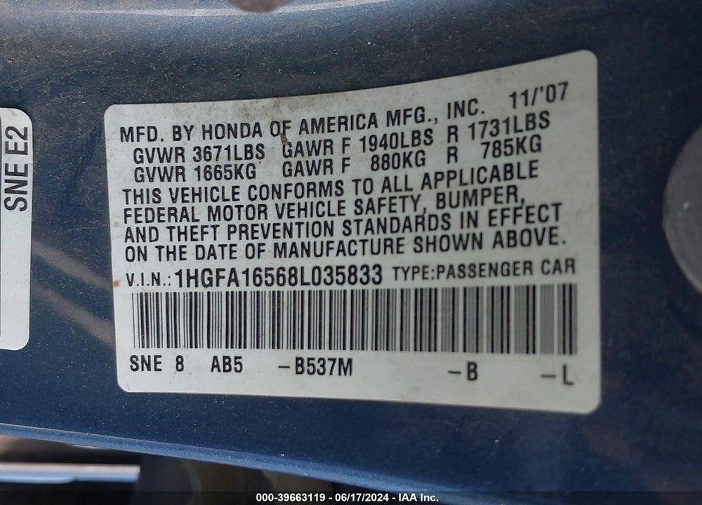 2008 HONDA CIVIC LX VIN: 1HGFA16568L035833