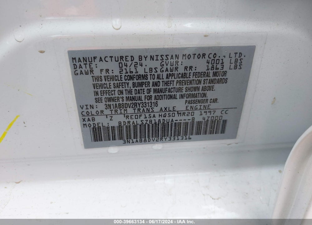 2024 NISSAN SENTRA SR XTRONIC CVT VIN: 3N1AB8DV2RY331316