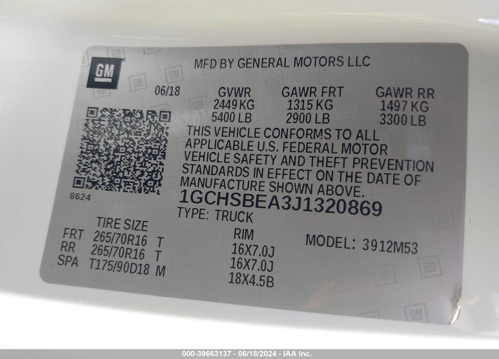 2018 CHEVROLET COLORADO WT VIN: 1GCHSBEA3J1320869