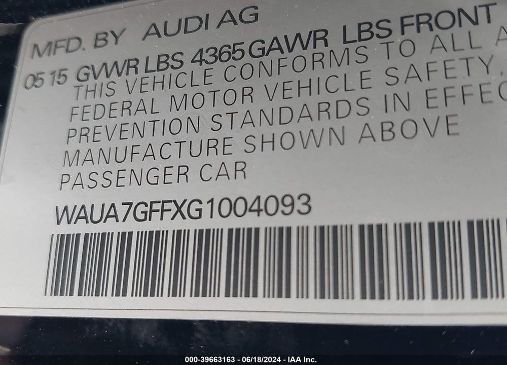 2016 AUDI A3 1.8T PREMIUM VIN: WAUA7GFFXG1004093