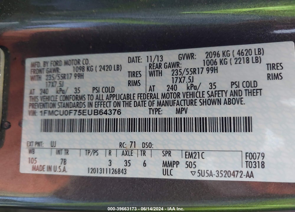 2014 FORD ESCAPE S VIN: 1FMCU0F75EUB64376