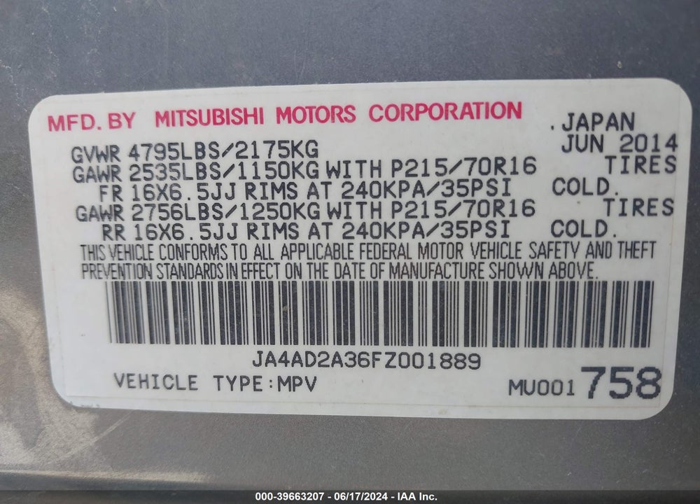 2015 MITSUBISHI OUTLANDER ES VIN: JA4AD2A36FZ001889