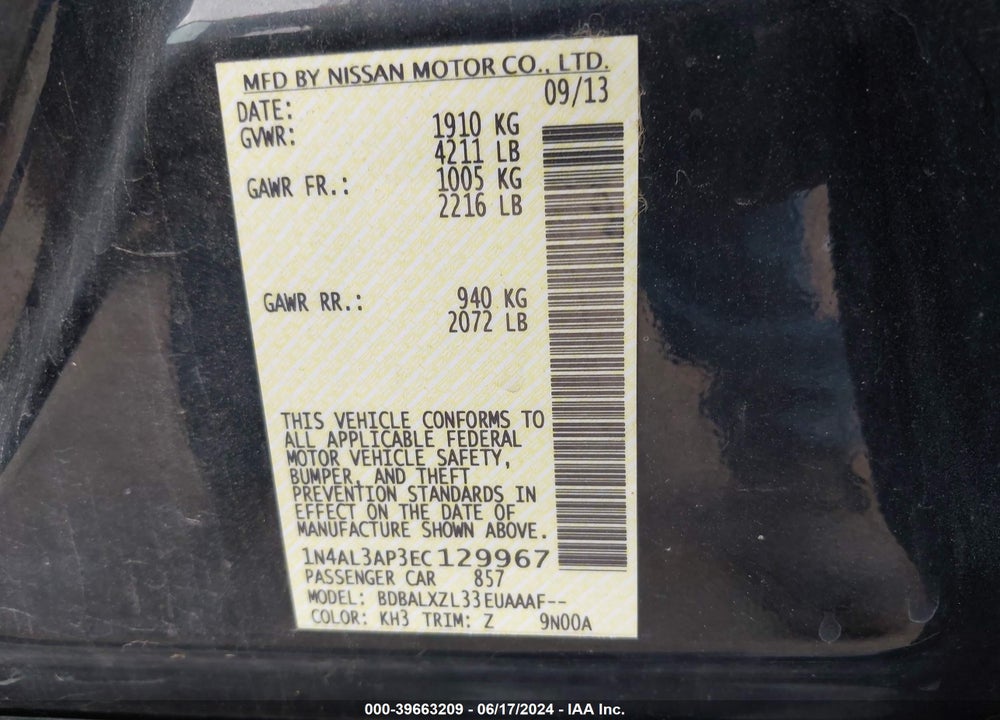 2014 NISSAN ALTIMA VIN: 1N4AL3AP3EC129967