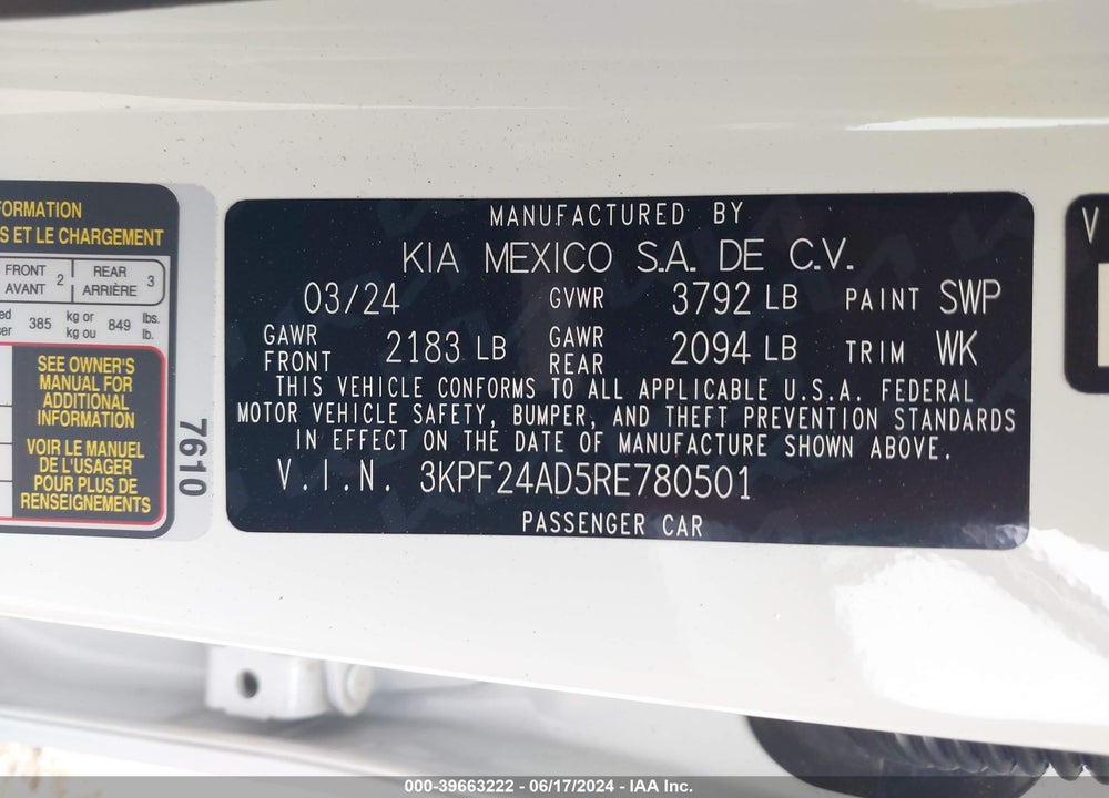 2024 KIA FORTE LXS VIN: 3KPF24AD5RE780501