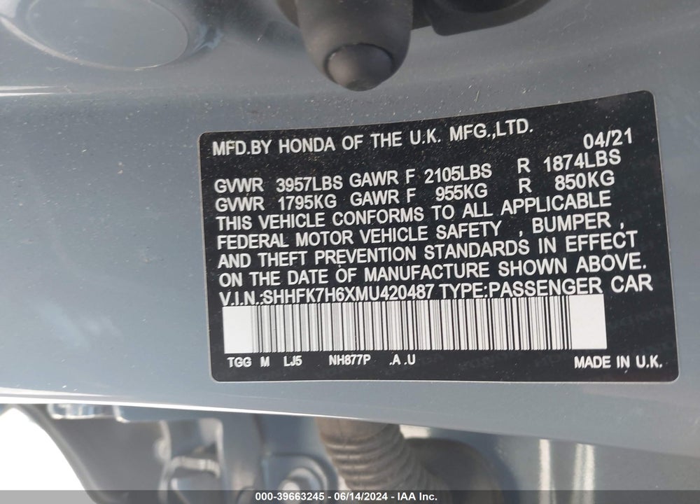 2021 HONDA CIVIC VIN: SHHFK7H6XMU420487
