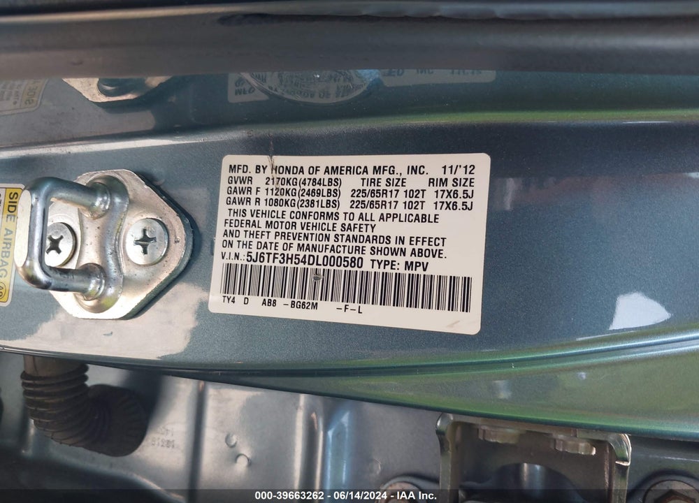2013 HONDA CROSSTOUR EX-L VIN: 5J6TF3H54DL000580