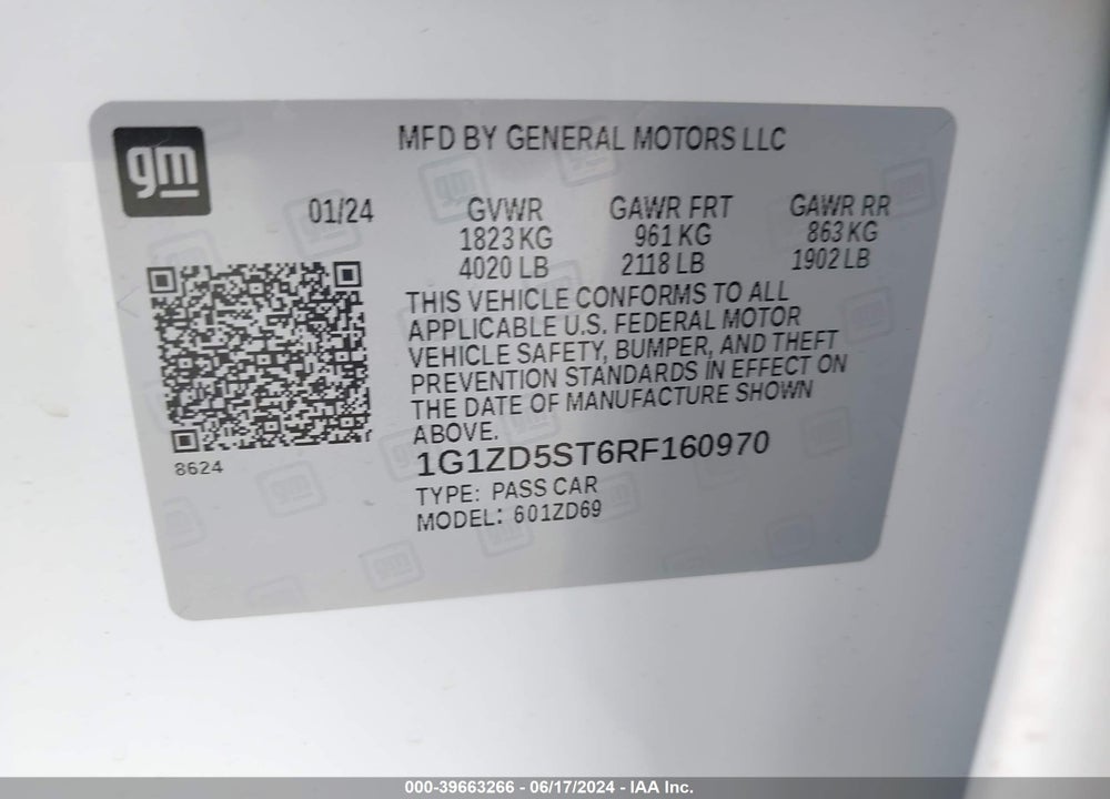 2024 CHEVROLET MALIBU LT VIN: 1G1ZD5ST6RF160970
