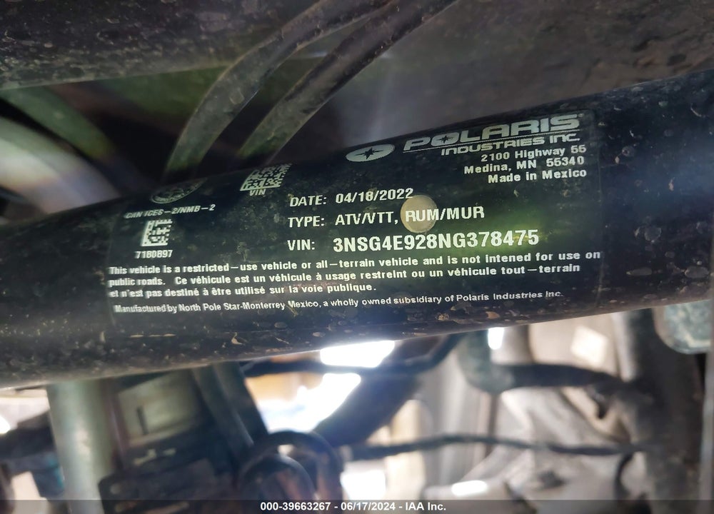 2022 POLARIS RZR TURBO R 4 SPORT VIN: 3NSG4E928NG378475