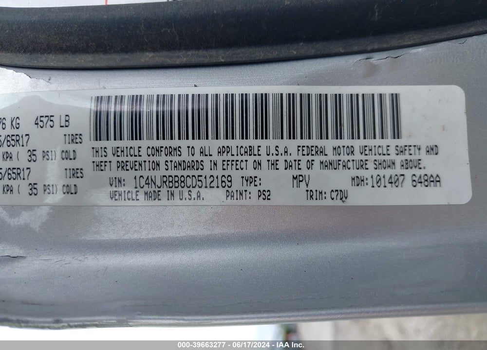 2012 JEEP PATRIOT SPORT VIN: 1C4NJRBB8CD512169