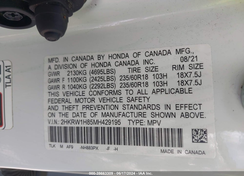 2021 HONDA CR-V 2WD EX-L VIN: 2HKRW1H85MH429195