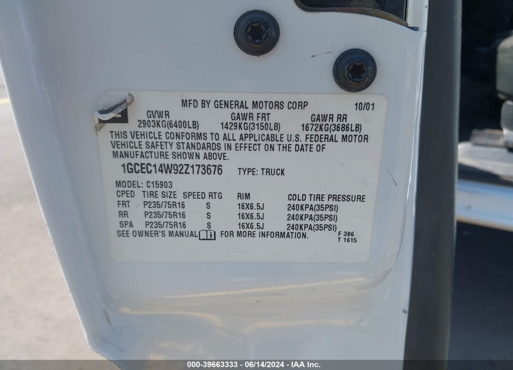 2002 CHEVROLET SILVERADO 1500 VIN: 1GCEC14W92Z173676