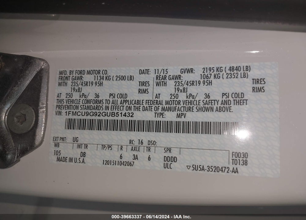 2016 FORD ESCAPE SE VIN: 1FMCU9G92GUB51432