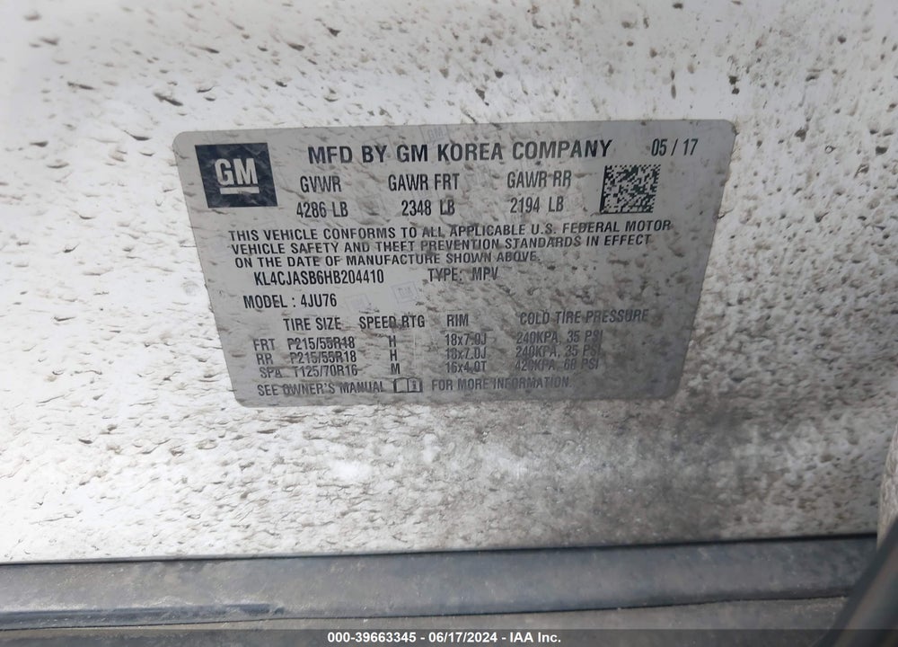 2017 BUICK ENCORE PREFERRED VIN: KL4CJASB6HB204410
