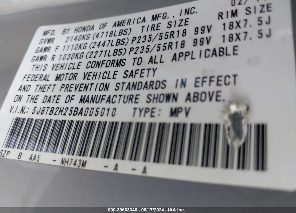 2011 ACURA RDX VIN: 5J8TB2H25BA005010