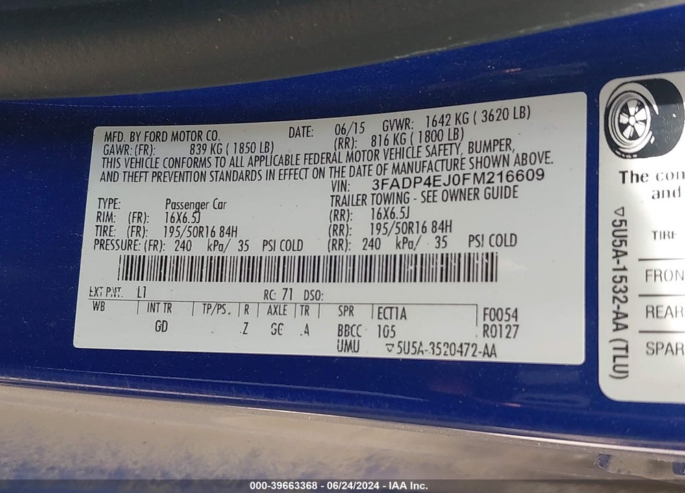 2015 FORD FIESTA VIN: 3FADP4EJ0FM216609