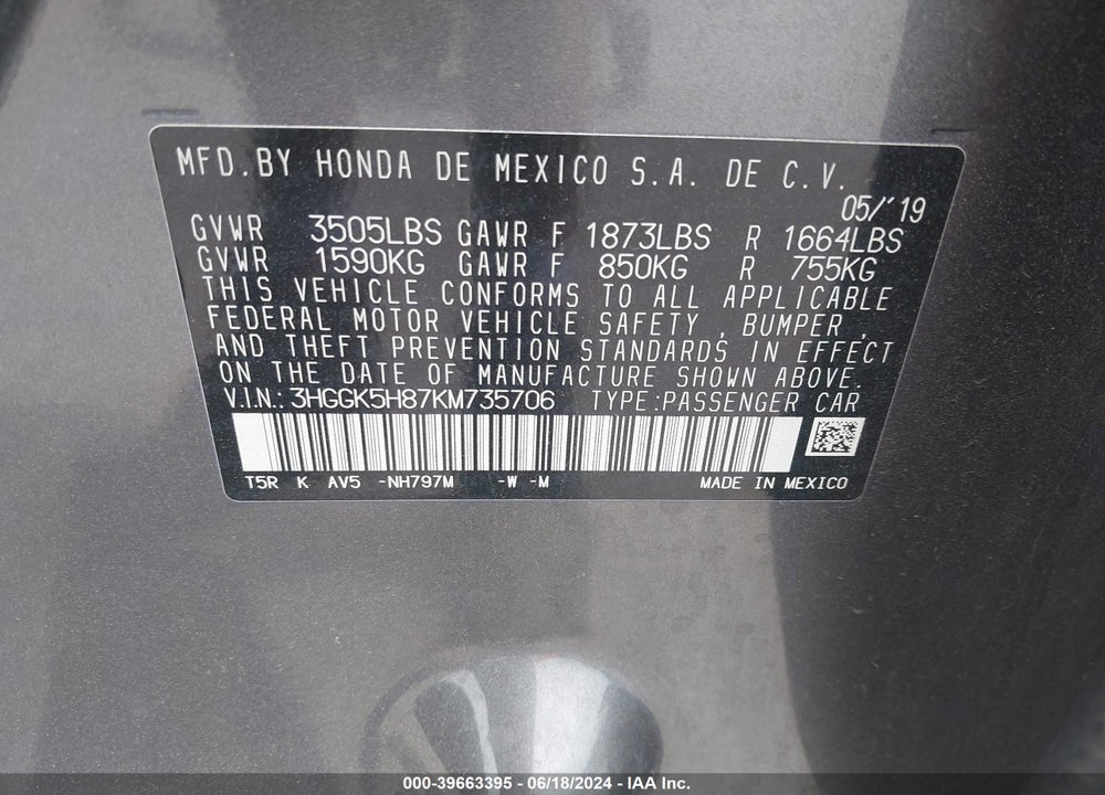 2019 HONDA FIT EX VIN: 3HGGK5H87KM735706