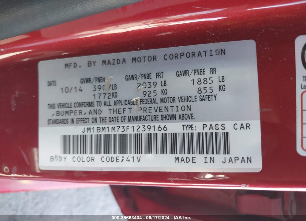 2015 MAZDA 3 I GRAND TOURING VIN: JM1BM1M73F1239166