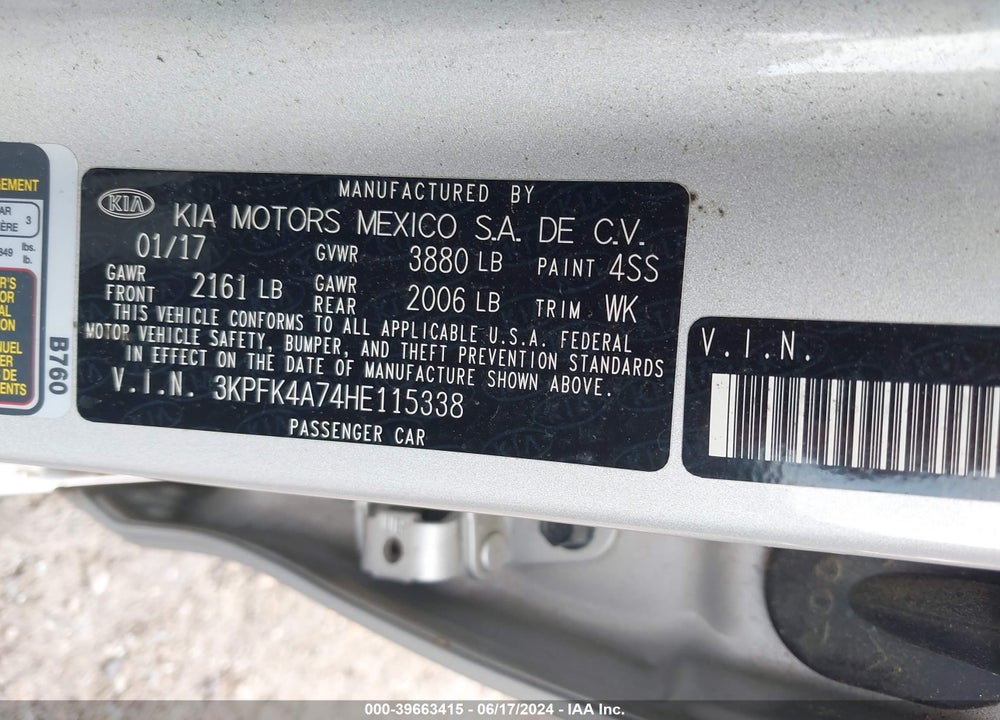 2017 KIA FORTE VIN: 3KPFK4A74HE115338