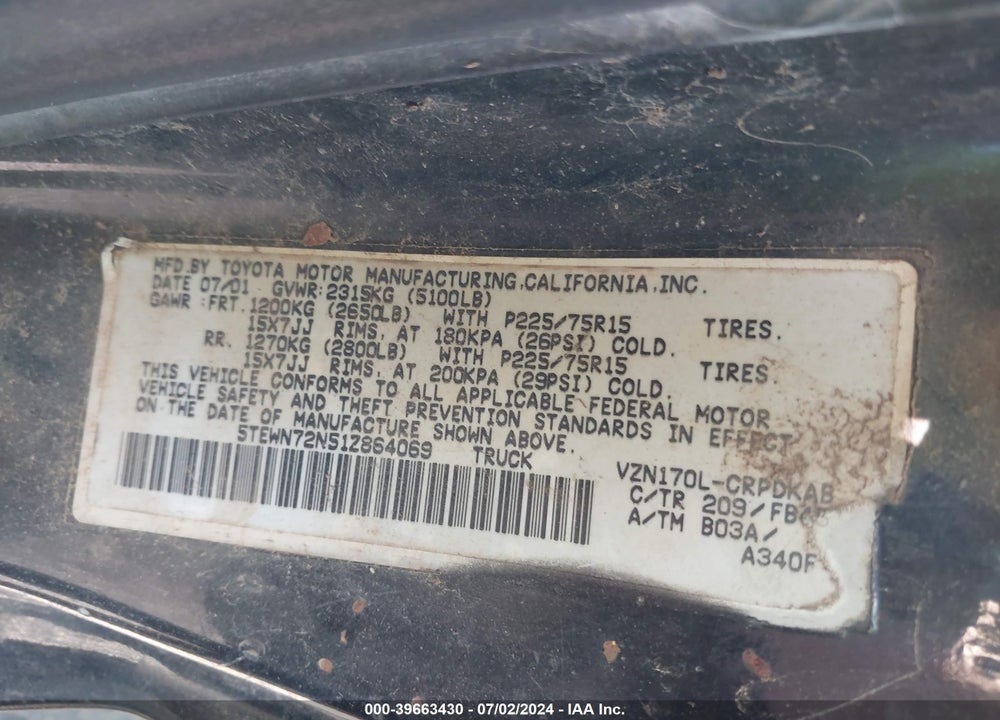 2001 TOYOTA TACOMA BASE V6 VIN: 5TEWN72N51Z864069