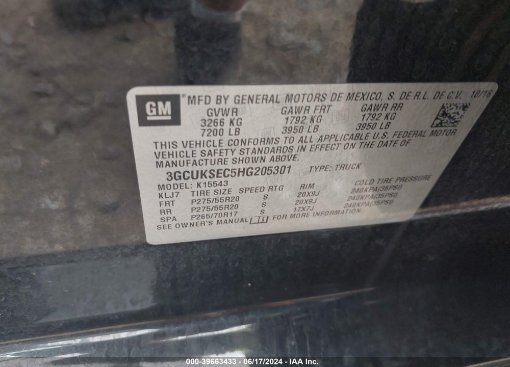 2017 CHEVROLET SILVERADO 1500 2LZ VIN: 3GCUKSEC5HG205301