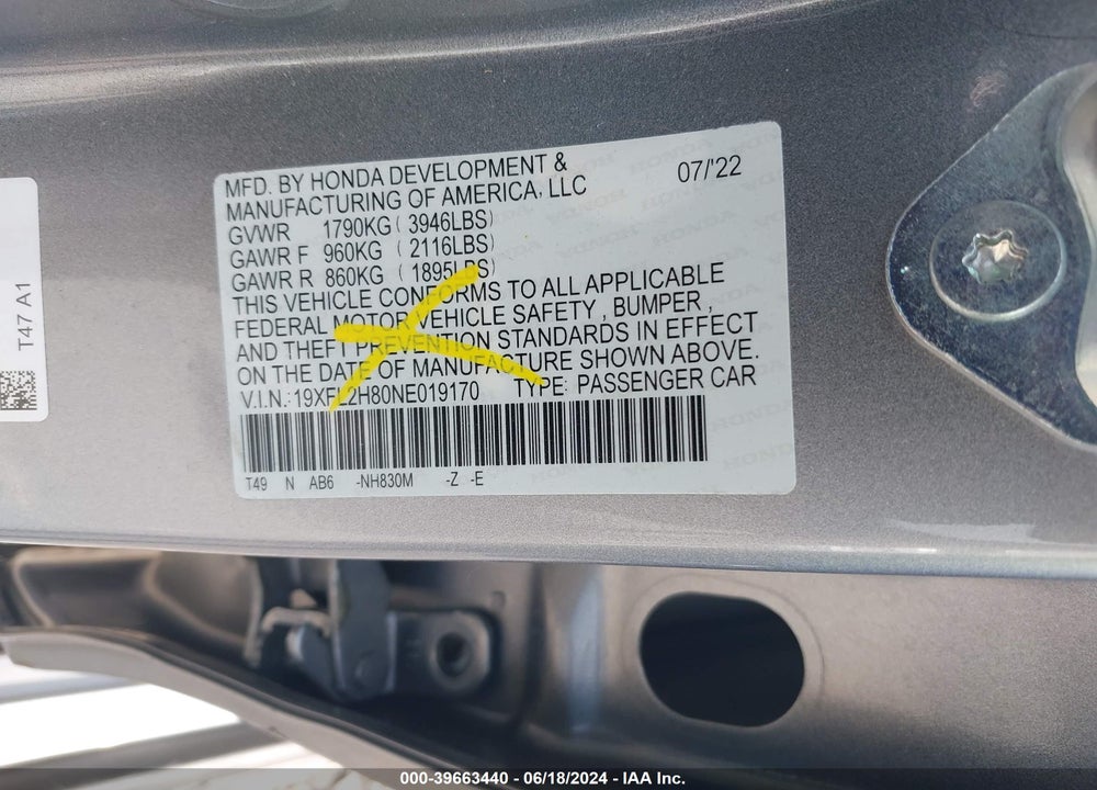 2022 HONDA CIVIC SPORT VIN: 19XFL2H80NE019170