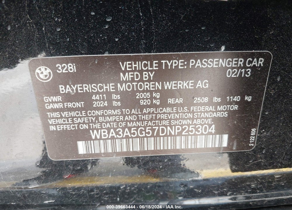 2013 BMW 328I VIN: WBA3A5G57DNP25304