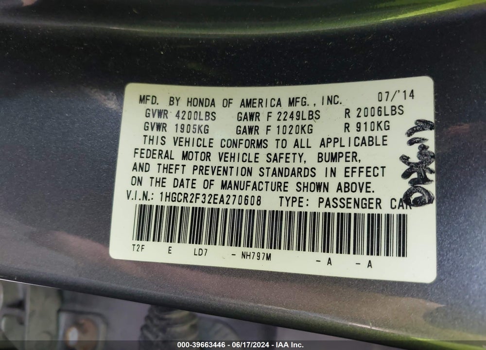 2014 HONDA ACCORD LX VIN: 1HGCR2F32EA270608