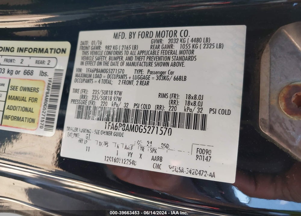 2016 FORD MUSTANG V6 VIN: 1FA6P8AM0G5271570