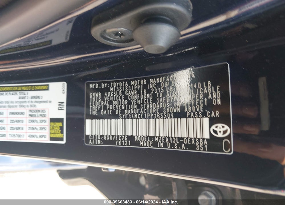2023 TOYOTA COROLLA SE VIN: 5YFS4MCE1PP165504