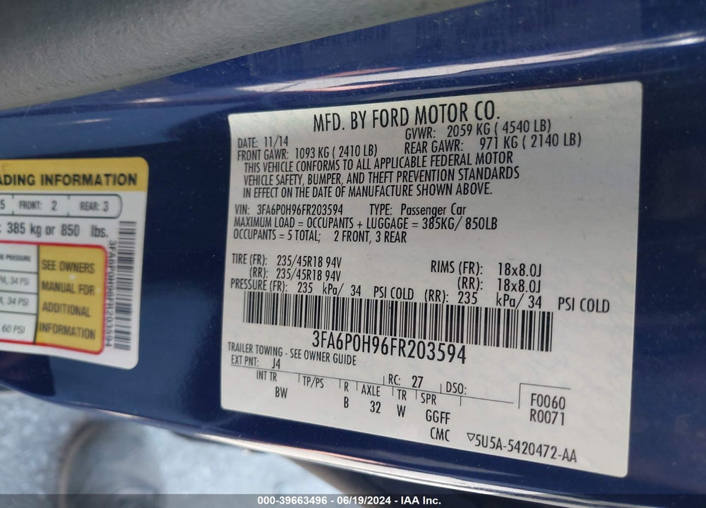 2015 FORD FUSION SE VIN: 3FA6P0H96FR203594