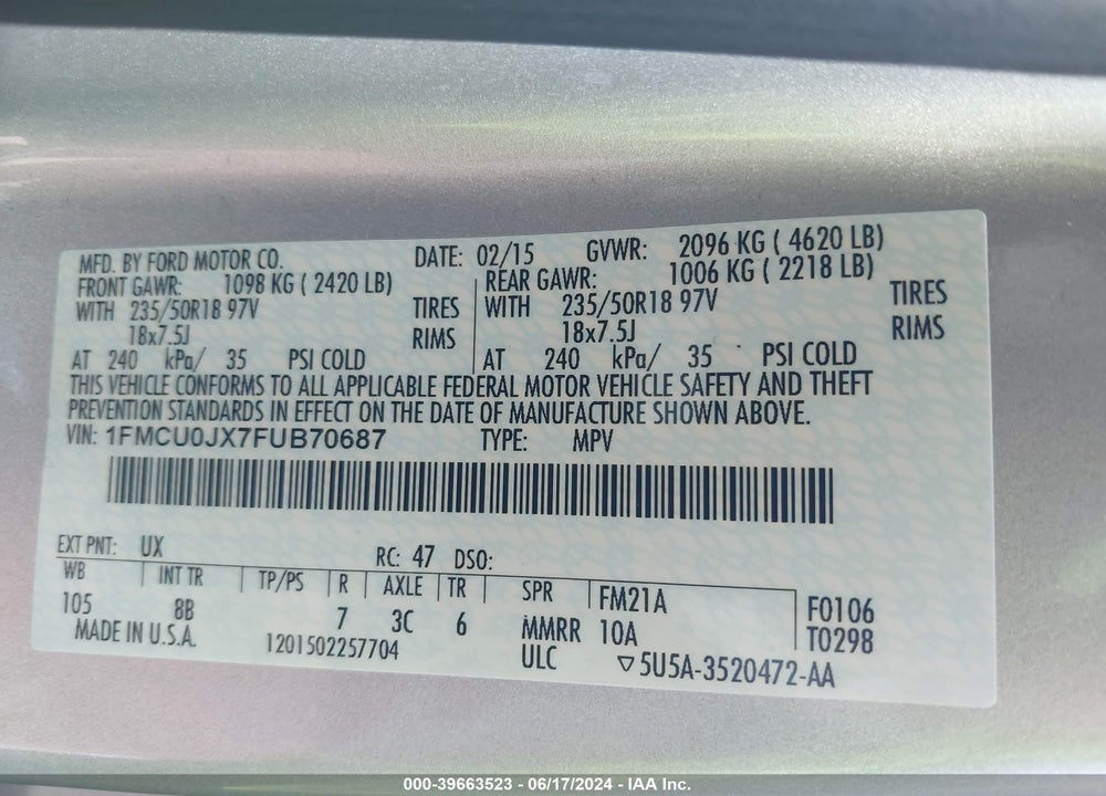 2015 FORD ESCAPE TITANIUM VIN: 1FMCU0JX7FUB70687