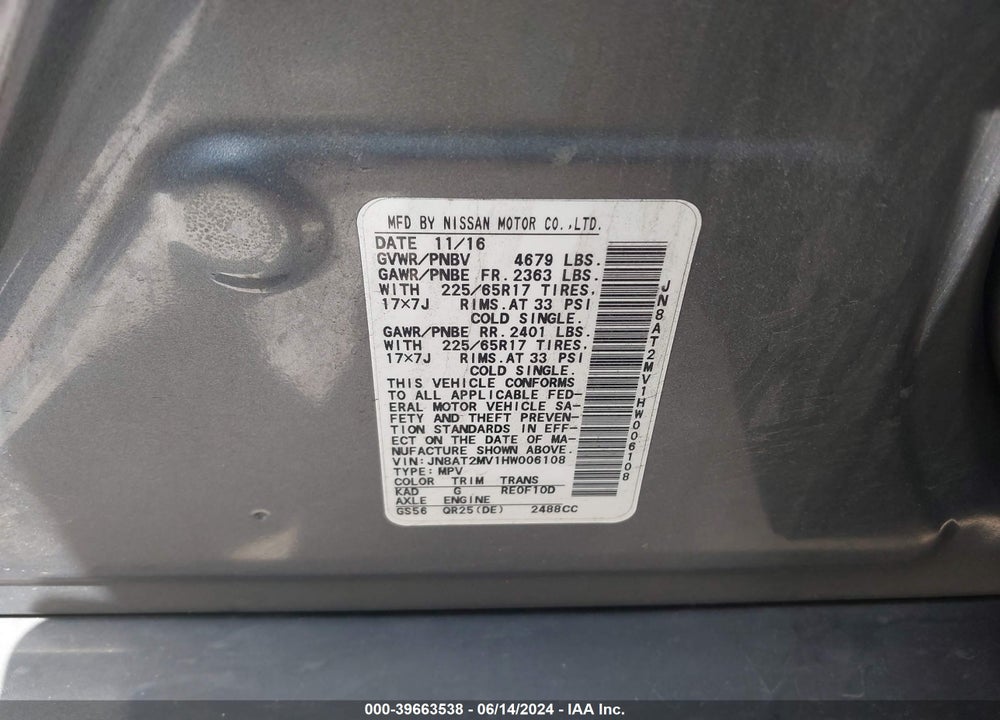2017 NISSAN ROGUE S VIN: JN8AT2MV1HW006108