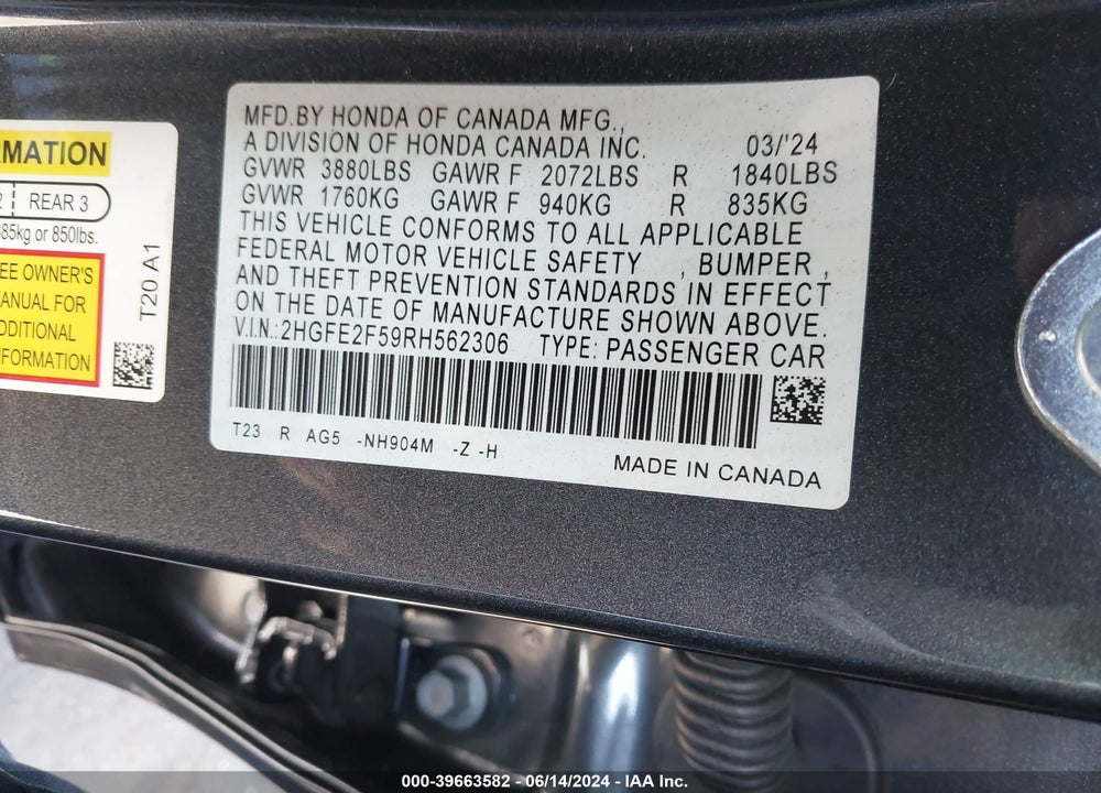2024 HONDA CIVIC SPORT VIN: 2HGFE2F59RH562306