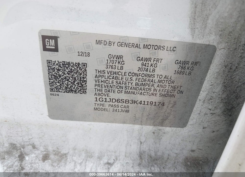 2019 CHEVROLET SONIC LT AUTO VIN: 1G1JD6SB3K4119174