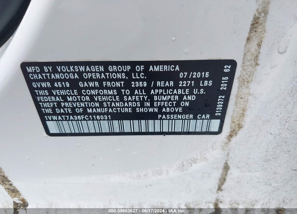 2015 VOLKSWAGEN PASSAT 1.8T LIMITED EDITION VIN: 1VWAT7A36FC116031