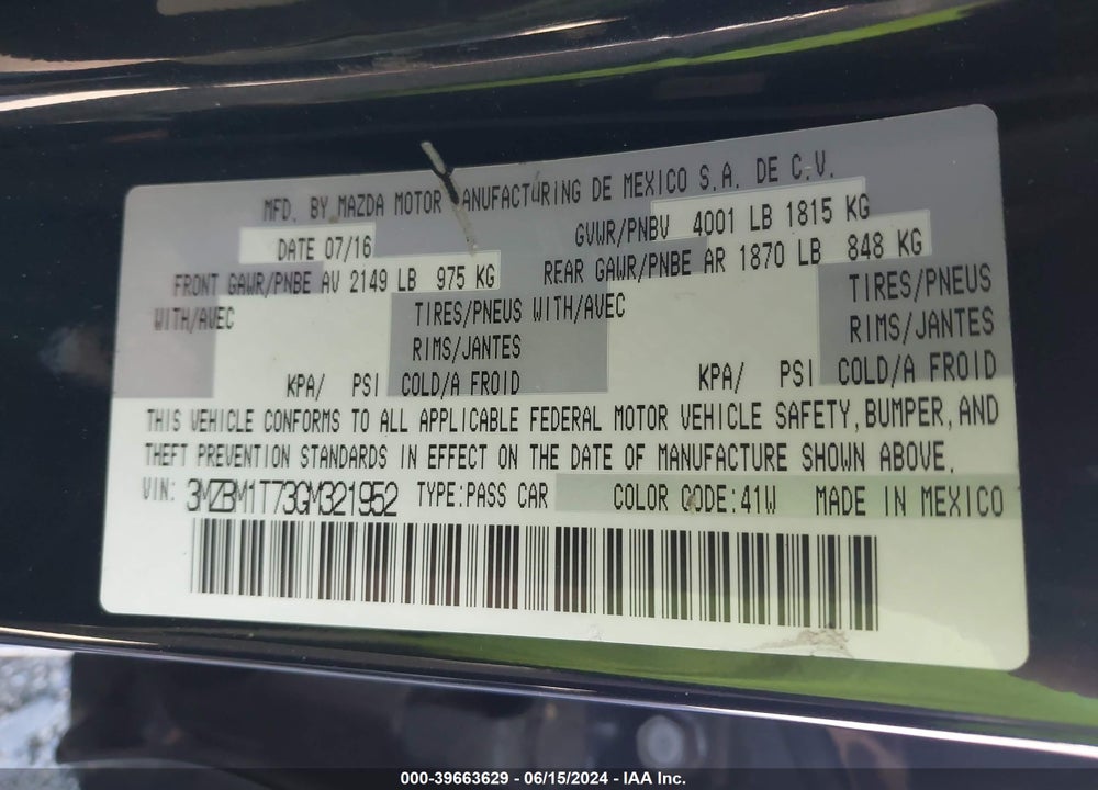 2016 MAZDA 3 I SPORT VIN: 3MZBM1T73GM321952
