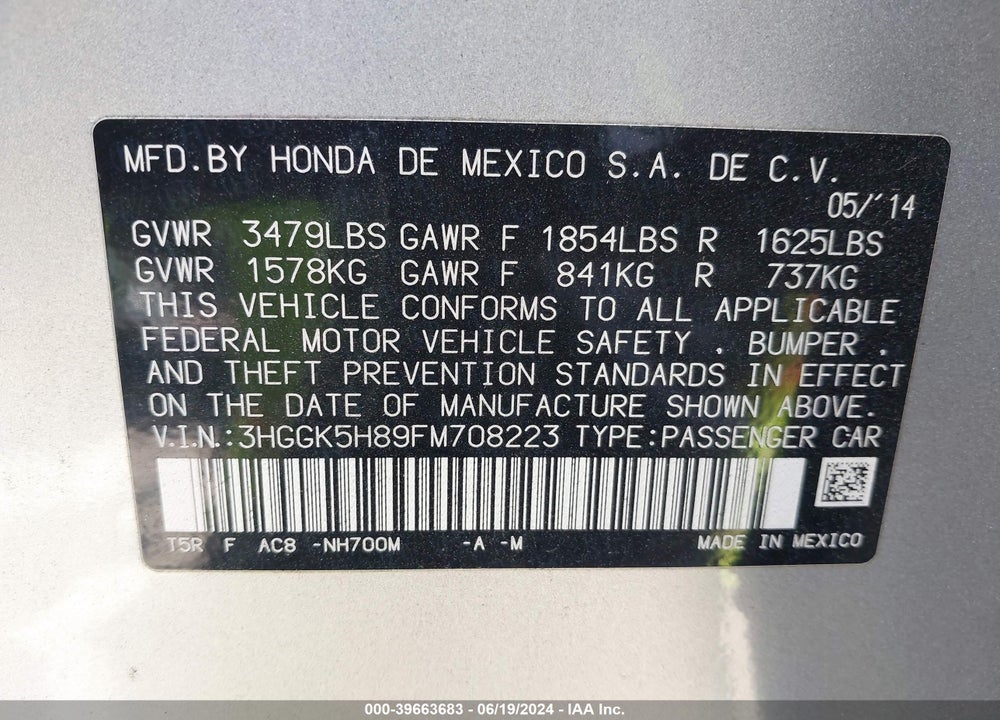 2015 HONDA FIT EX/EX-L VIN: 3HGGK5H89FM708223
