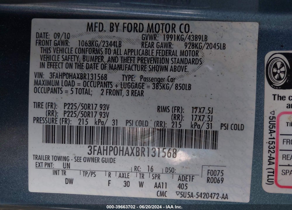 2011 FORD FUSION SE VIN: 3FAHP0HAXBR131568