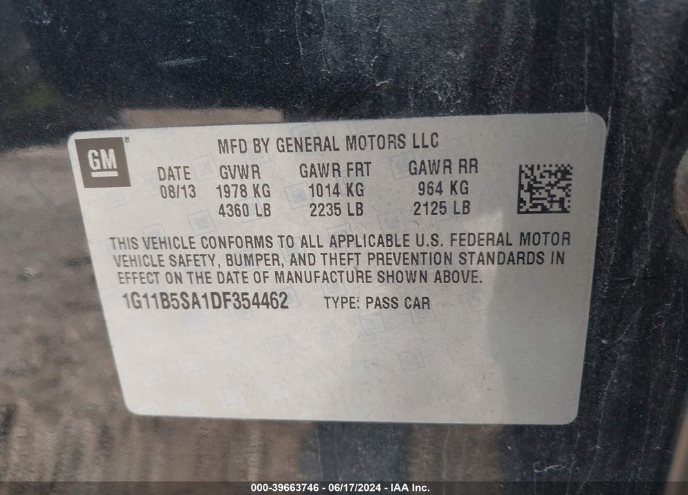 2013 CHEVROLET MALIBU 1LS VIN: 1G11B5SA1DF354462
