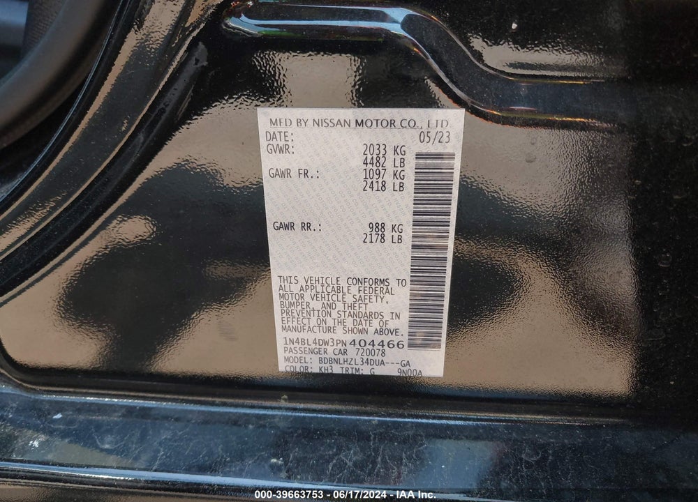 2023 NISSAN ALTIMA VIN: 1N4BL4DW3PN404466