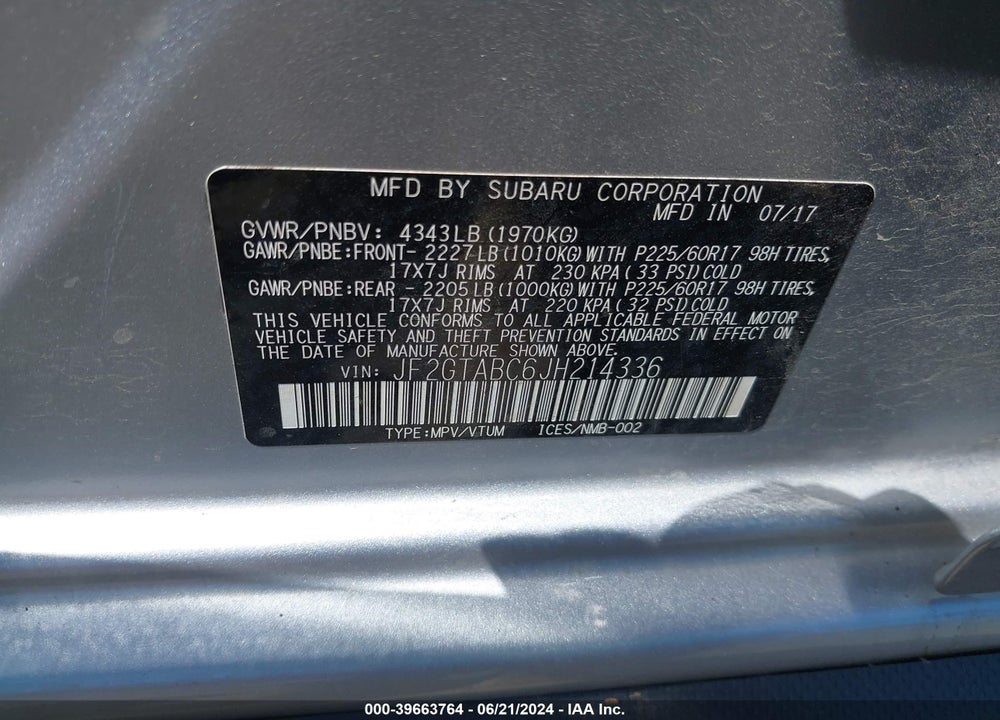 2018 SUBARU CROSSTREK 2.0I PREMIUM VIN: JF2GTABC6JH214336