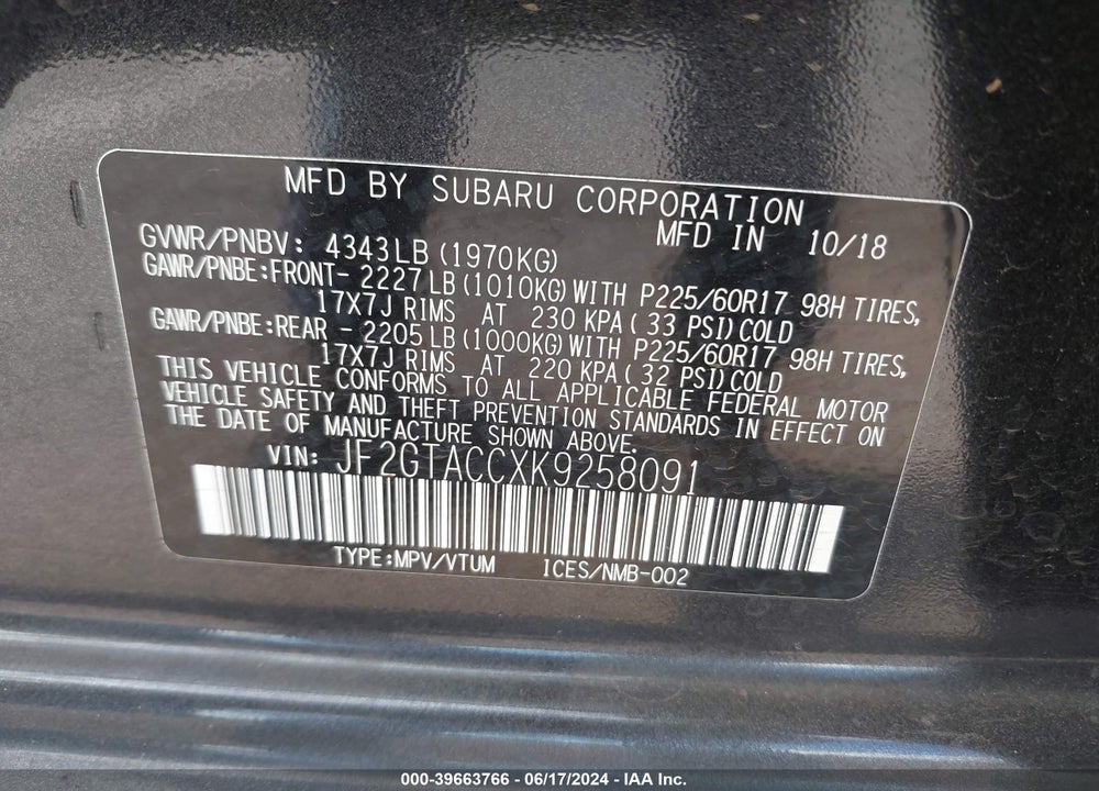 2019 SUBARU CROSSTREK 2.0I PREMIUM VIN: JF2GTACCXK9258091