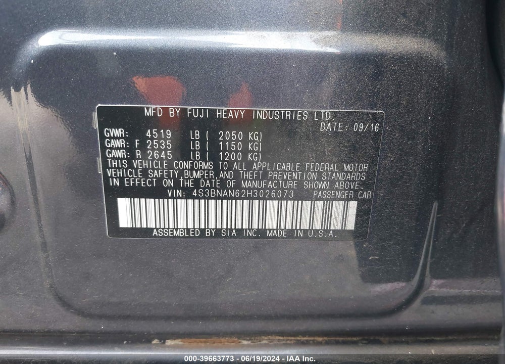 2017 SUBARU LEGACY 2.5I LIMITED VIN: 4S3BNAN62H3026073