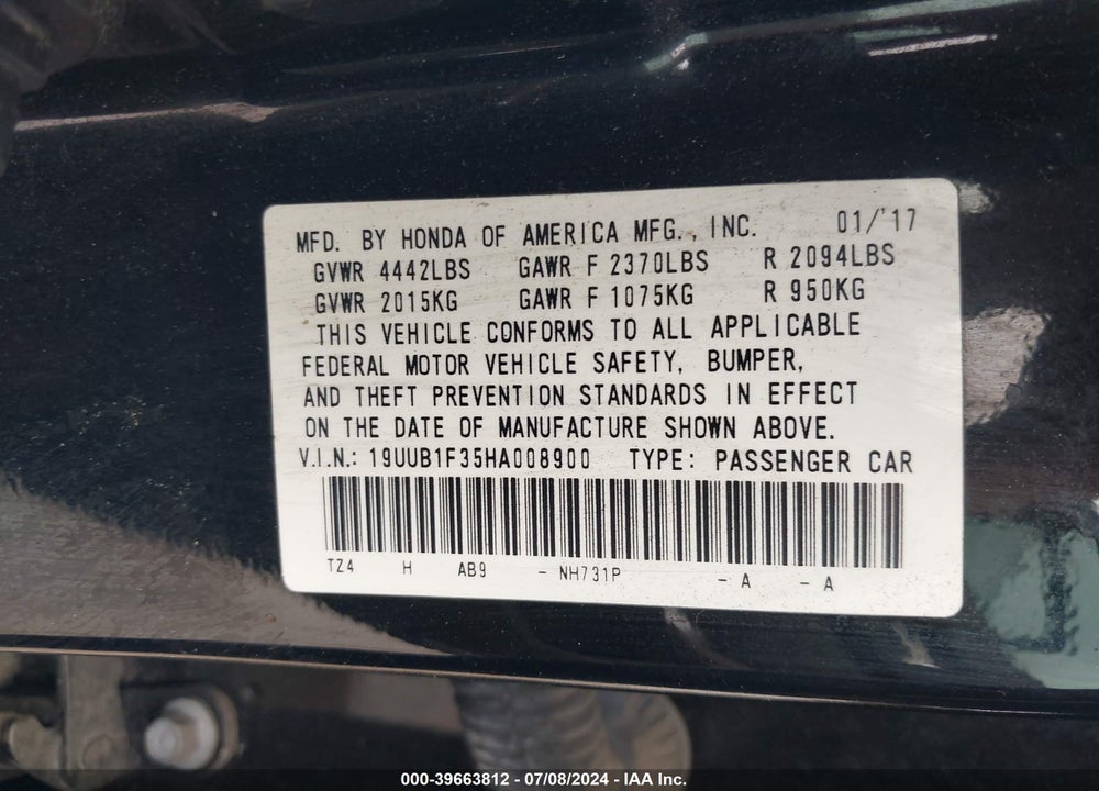 2017 ACURA TLX VIN: 19UUB1F35HA008900