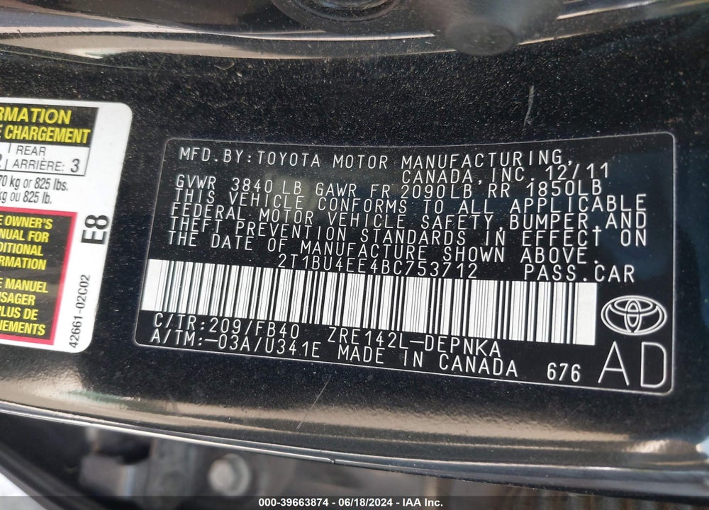 2011 TOYOTA COROLLA LE VIN: 2T1BU4EE4BC753712