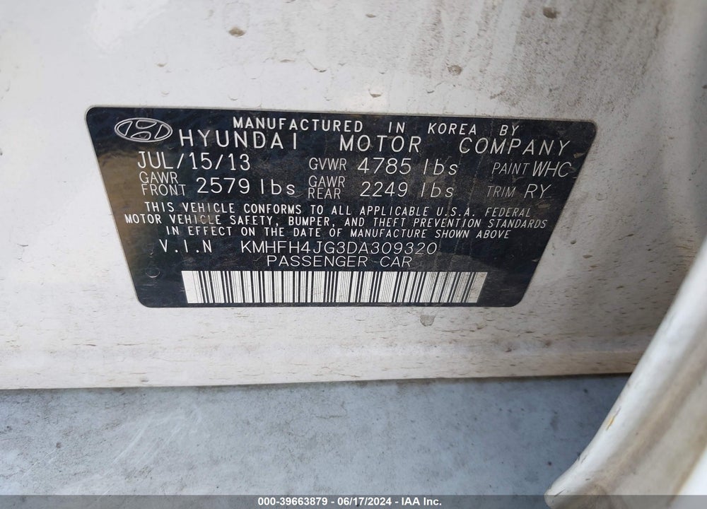2013 HYUNDAI AZERA VIN: KMHFH4JG3DA309320
