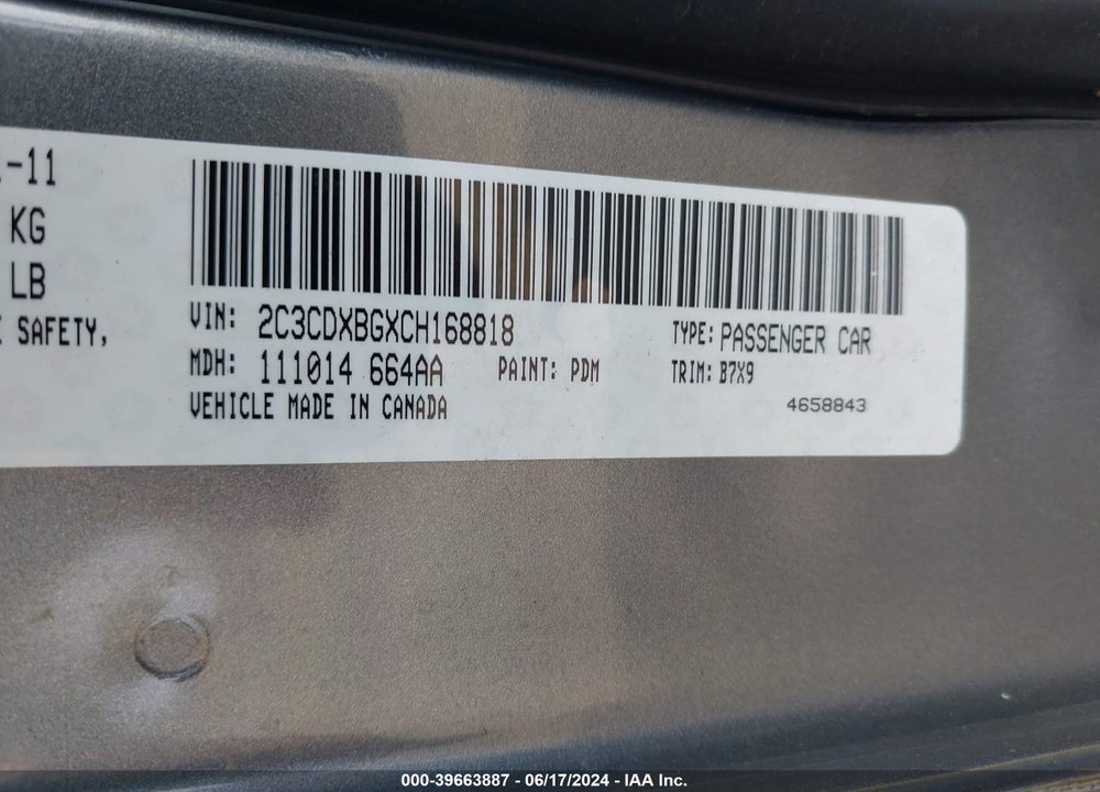 2012 DODGE CHARGER SE VIN: 2C3CDXBGXCH168818