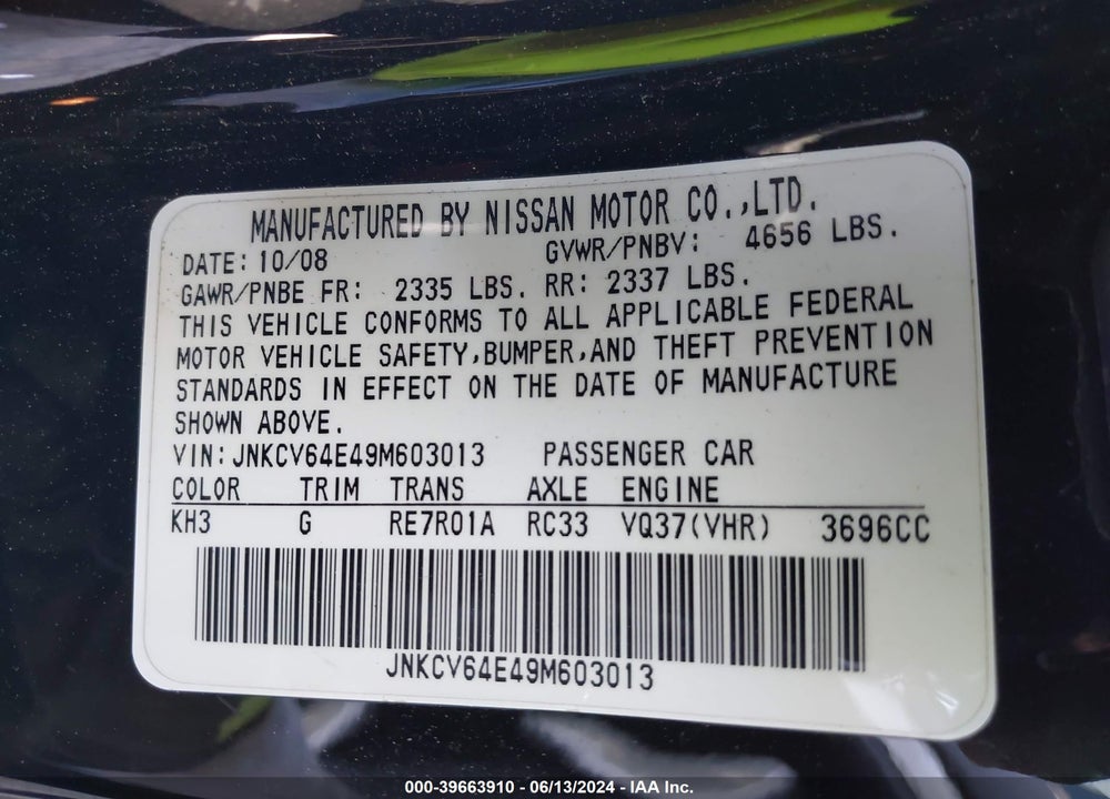 2009 INFINITI G37 JOURNEY VIN: JNKCV64E49M603013
