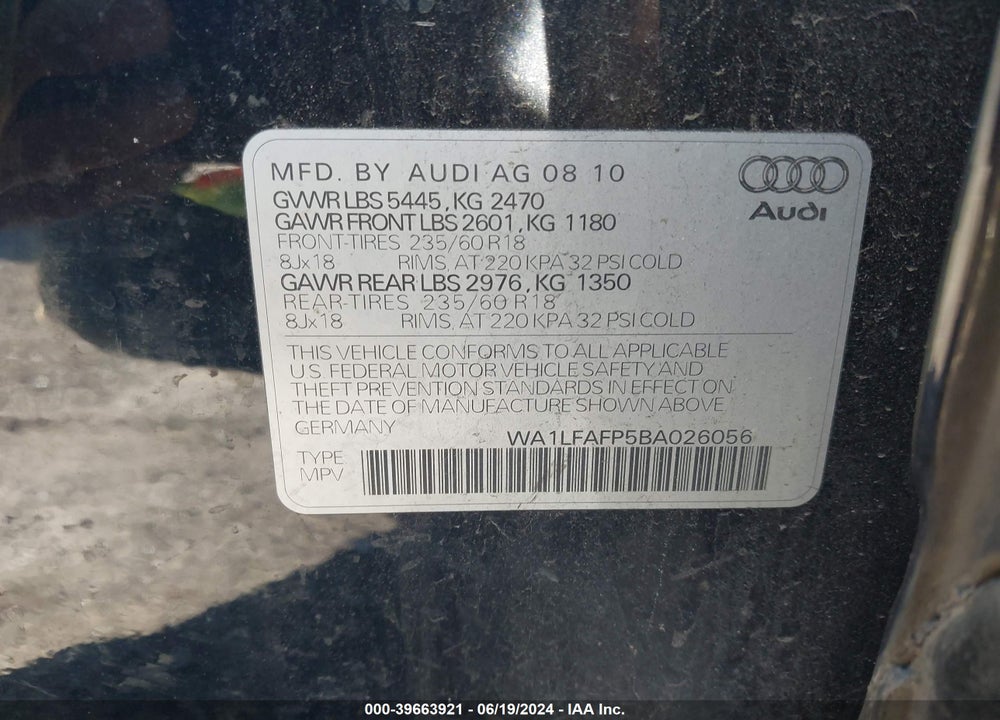 2011 AUDI Q5 2.0T PREMIUM VIN: WA1LFAFP5BA026056